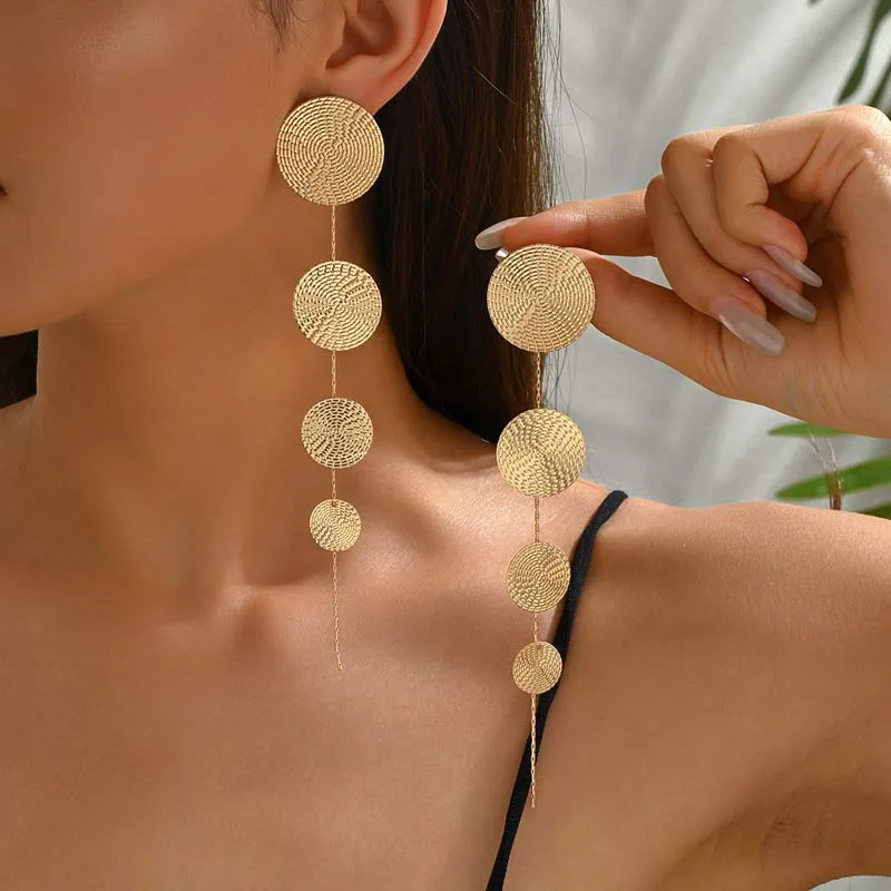 2316408-c8ad40.jpg S7bbb7a5bf6e14e4aadfd465c255acf73f Fashion Gold Color Circular Pendant Earrings For Women Exaggerated Metal Long Tassel Round Geometric Earrings Jewelry Gifts Mallzona