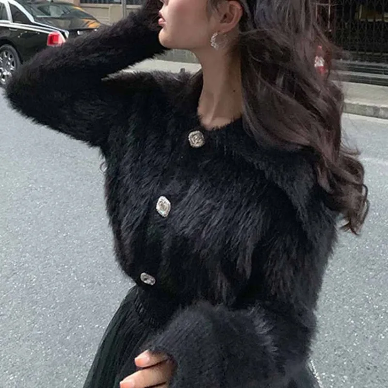 하라주쿠 한국 여성 가디건 플러시 따뜻한 스웨터, 시크하고 달콤한 심플 아우터, 소녀 스타일 밍크 캐시미어 화이트, 가을