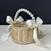 Wicker Rattan Flower Child Basket with Pearl Handle and Bowknot Hand Woven Flower Basket Wicker Basket for Wedding Party 1