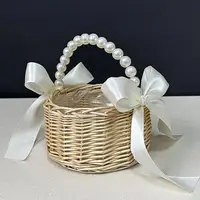 Wicker Rattan Flower Child Basket with Pearl Handle and Bowknot Hand Woven Flower Basket Wicker Basket for Wedding Party 1
