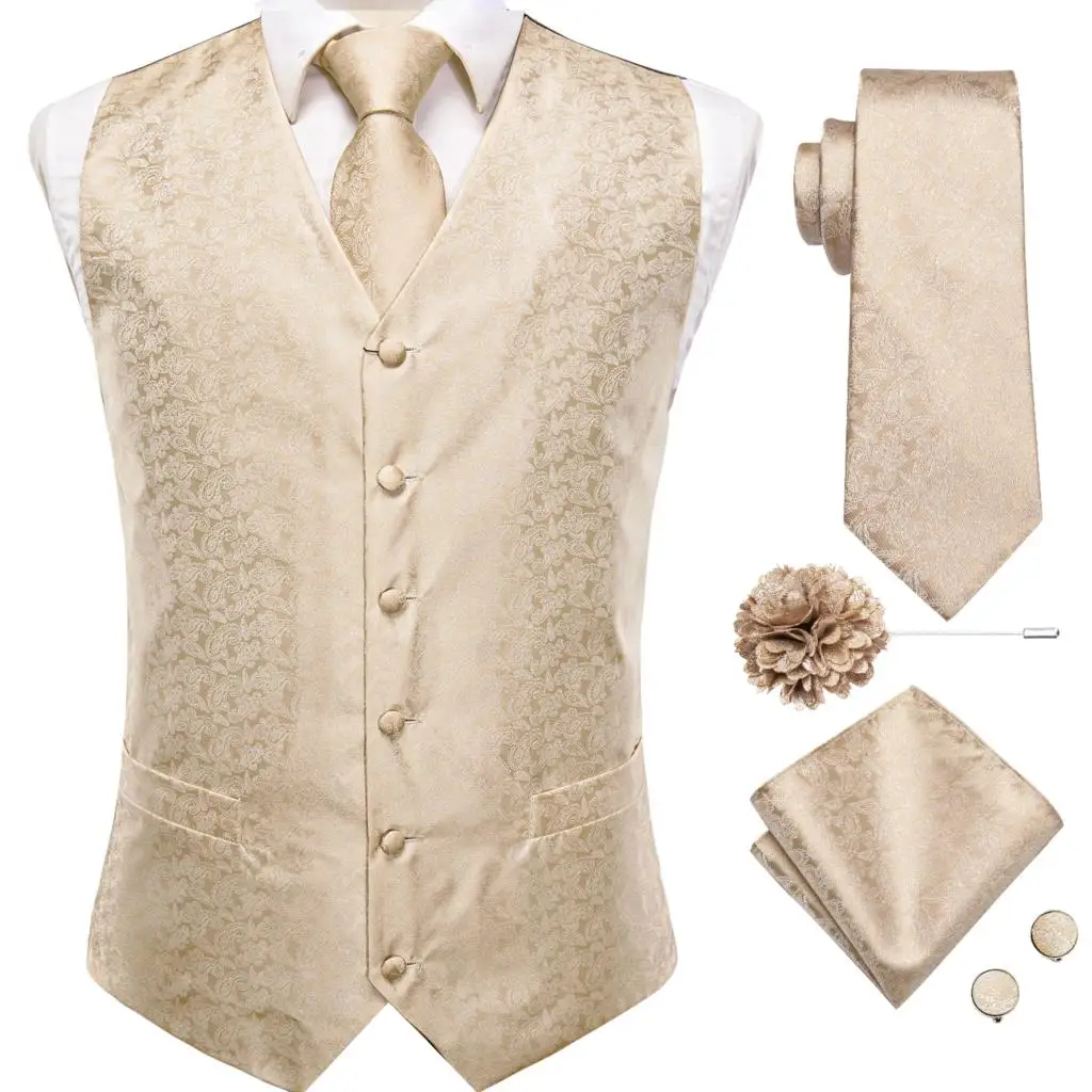 Hi-Tie High Quality Silk Mens Vests Champagne Paisley Waistcoat Neck Tie Hanky Cufflinks Brooch Set for Men Suit Wedding Office 2