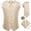 Hi-Tie High Quality Silk Mens Vests Champagne Paisley Waistcoat Neck Tie Hanky Cufflinks Brooch Set for Men Suit Wedding Office 2