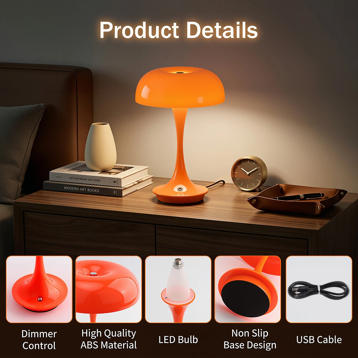 독특한 버섯 모양 LED 무드등, 사무실 책상 램프, USB 충전식, 3색 조광 가능, 터치 컨트롤, 침실용 침대 옆 장식 램프
