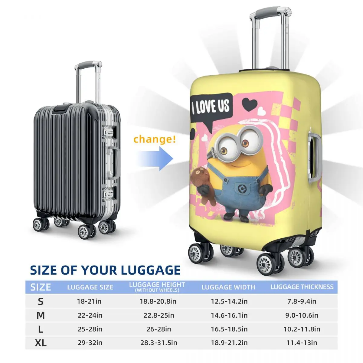 Minions Bob I Love Us Suitcase Cover Travel Flight Elastic Luggage Accesories Protection 6