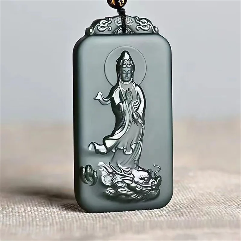 

Jia Le/Hand-carved/ He Tian Cyan Jade Faucet Guan Yin Necklace Pendant Fashion Accessories Male And Female Couple Amulet Gift