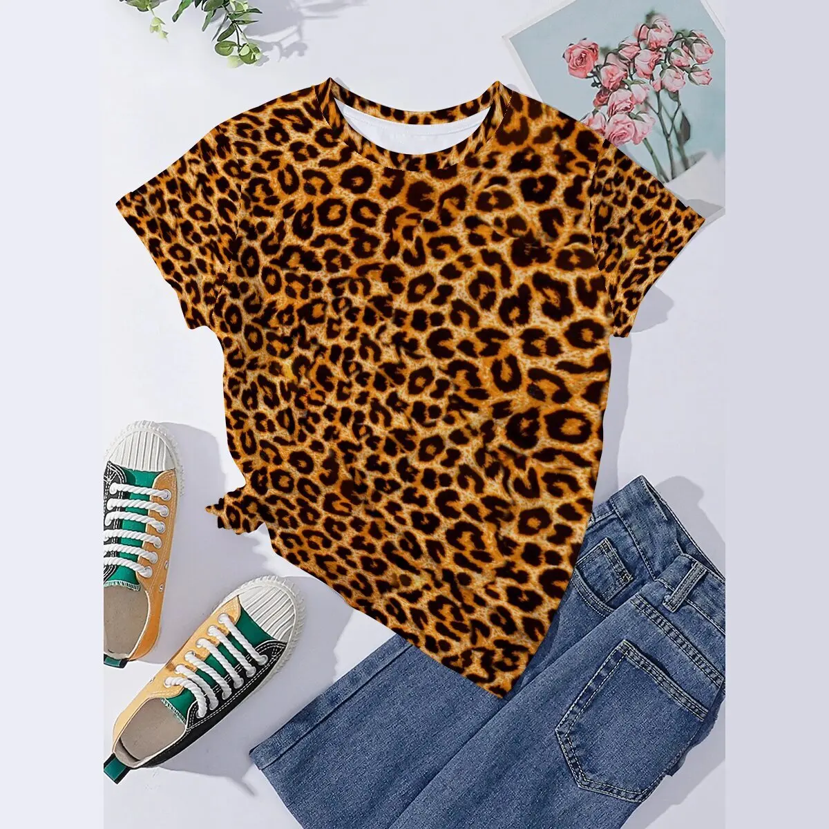 

Seeyoushy 3D Print Leopard Print 2023 New Summer Women's Short Sleeve Crewneck Top Y2K Trend Casual Women's T-shirt 90s Clothing
