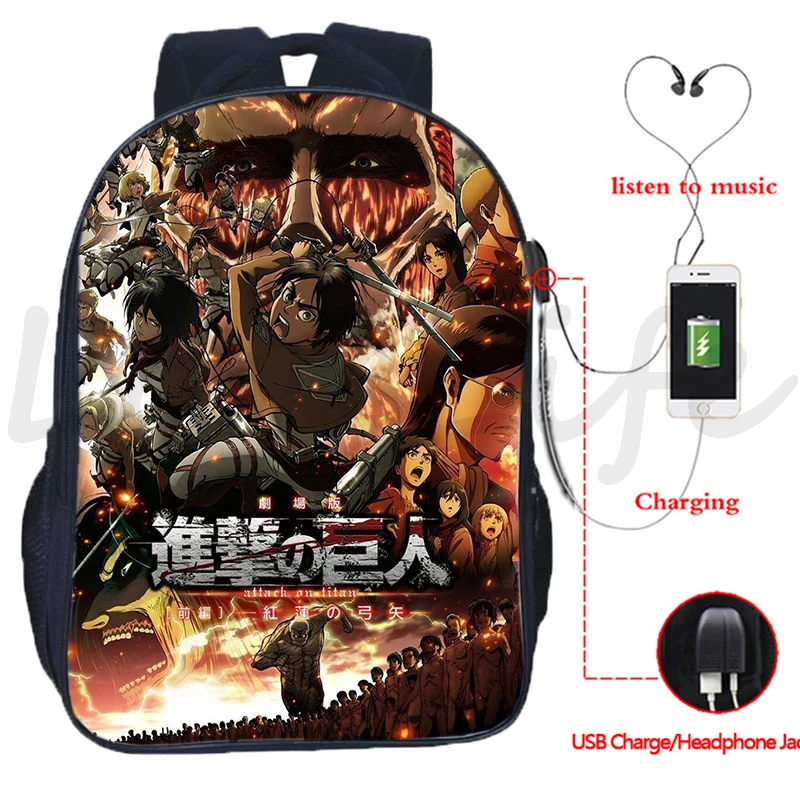 

Attack on Titan Eren Printed USB Charge Rucksack For Men Women Students School Bags Teens Anime Pattern Backpack Laptop Knapsack