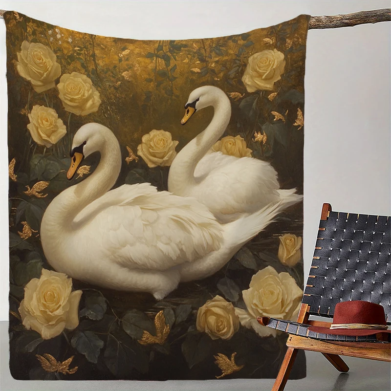 Rose Golden Swan Print Blanket Soft Throw Blanket for Home Bedroom Bed Sofa Travel Office Solid Cover Blanket Valentine's Day