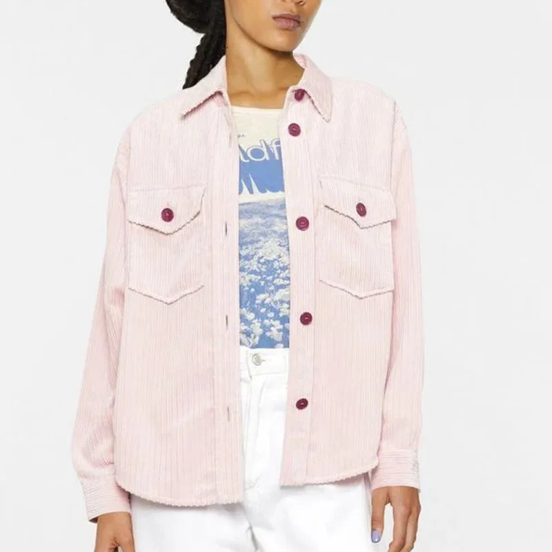 

Женская Вельветовая куртка, розовая однобортная Свободная куртка с длинным рукавом, Осень-зима 2023