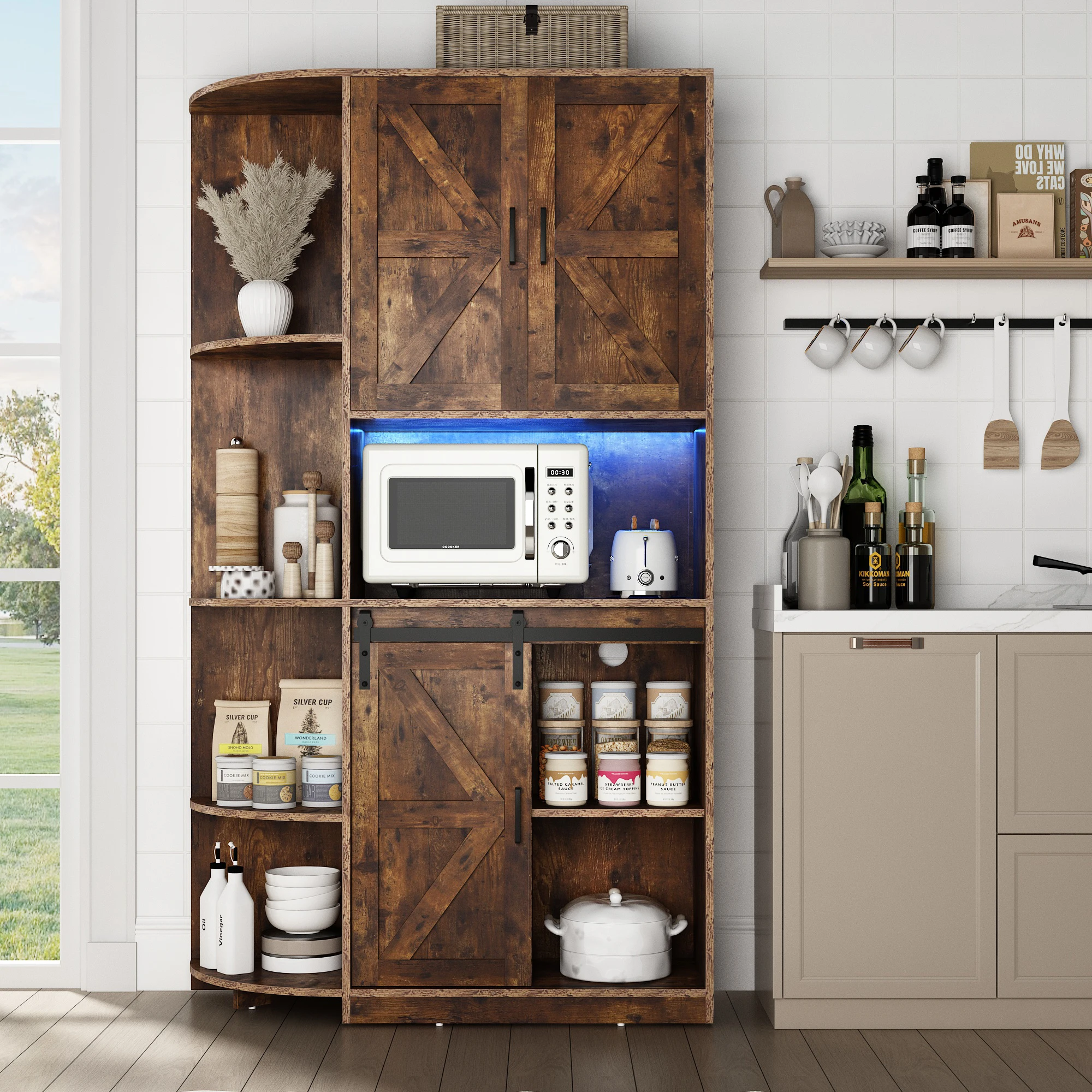 71" Farmhouse Kitchen Pantry Storage Cabinet, Freestanding Hutch Cabinet w/Barn Doors & Shelves, Buffet Sideboard, Brown/White