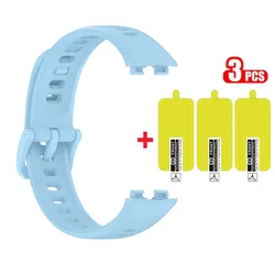 2-in-1 Silicone Strap Band with 3-Pack Anti-Scratch HD Screen Protectors for Huawei Band 8 9 10 (10 Light blue)