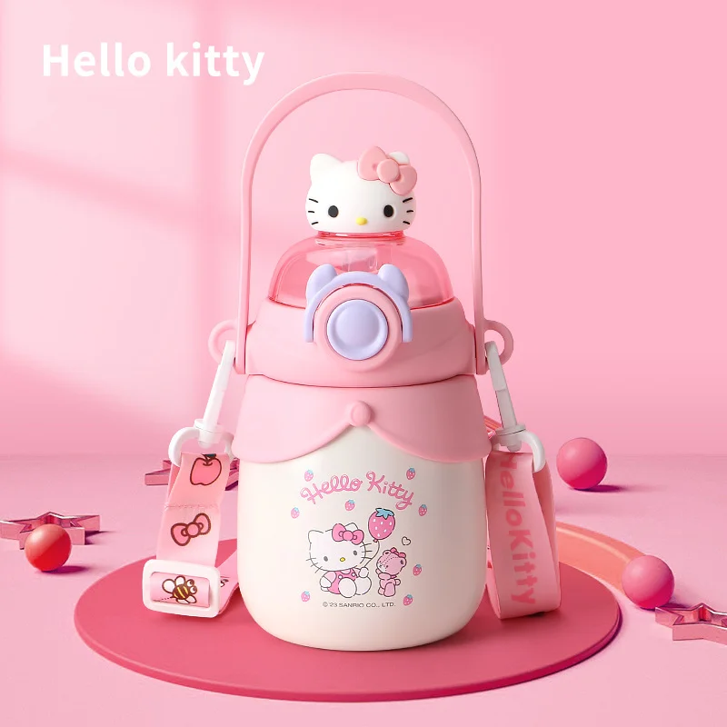 

600ML Hellokitty Kuromi Sanrio Thermos Bottle Kawaii 316 Stainless Steel Portable Straw Insulated Cup Children Anime Water Mug