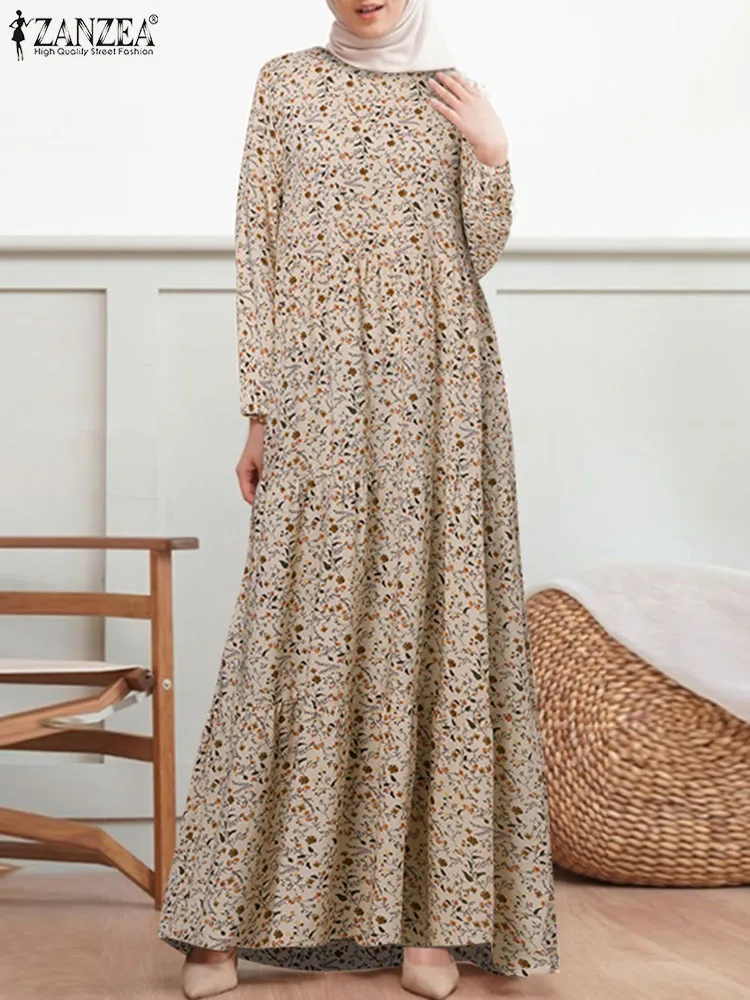 

ZANZEA Fashion Muslim Dress Bohemian Floral Printed Layered Sundress Women Elegant Party Vestidos Dubai Turkey Abaya Hijab Robe