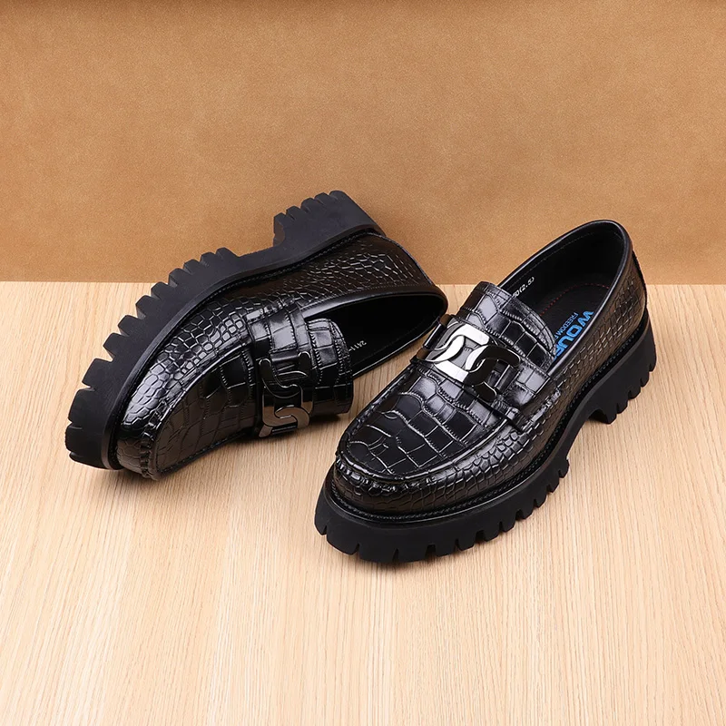 Men's shoes, thick sole, round head, embossed pattern, leather, style, high-grade wedding shoes, handmade, buckle, work we