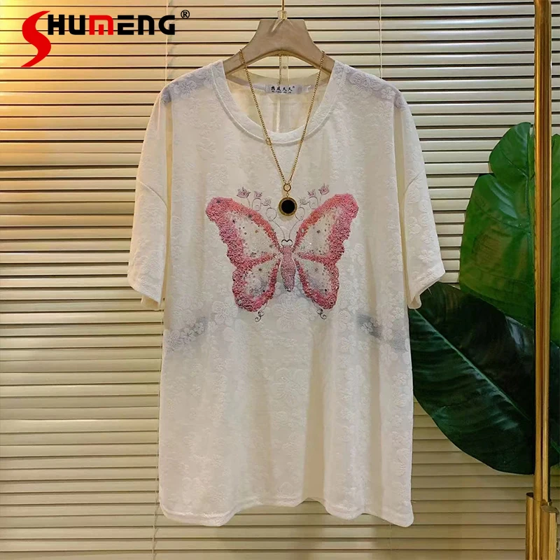 

Women's Clothes Round Neck Light Diamond Pink Teees Butterfly Flower T-shirts Summer Versatile Casual Half Sleeved Top Tshirts
