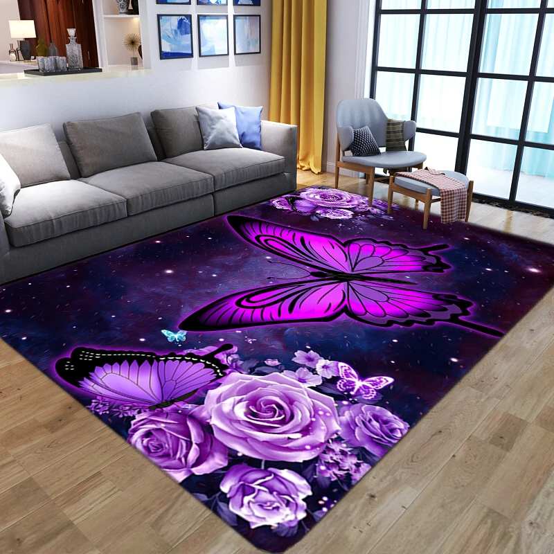 Purple Flower Printed Carpet Modern Butterfly Carpet For Living Room Bedroom Bedside Rug Floor