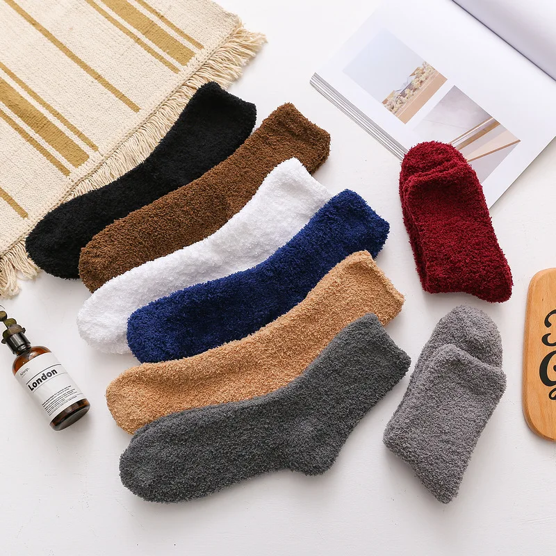 

1Pair Coral Fleece Socks Men Solid Color Loose Socks Winter Warm Velvet Home Fluffy Stocking Thicken Thermal Sleeping Sox