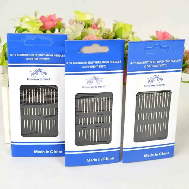 

12PCS/Set Self Threading Needles Double Holes Threading Needles Assorted Hand Needles Easy Threading Needles for DIY Handmade FB