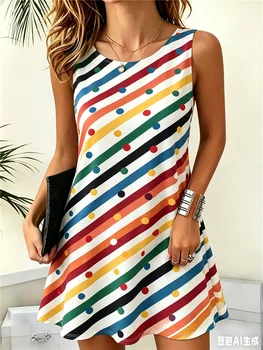 Sleeveless Striped And Dot Pattern Women Mini Dresses Summer 3D Printed Ladies Street Hip Hop Dress 3XL Plus Size Casual Dress