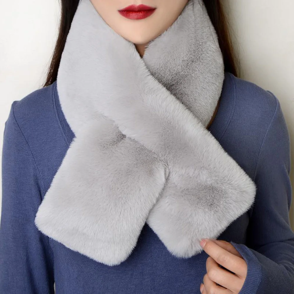 

Faux Rabbit Fur Scarf Women Plush Cross Scarves Thicken Windproof Neck Warmer Super Soft Neckerchief Double Sided False Collar