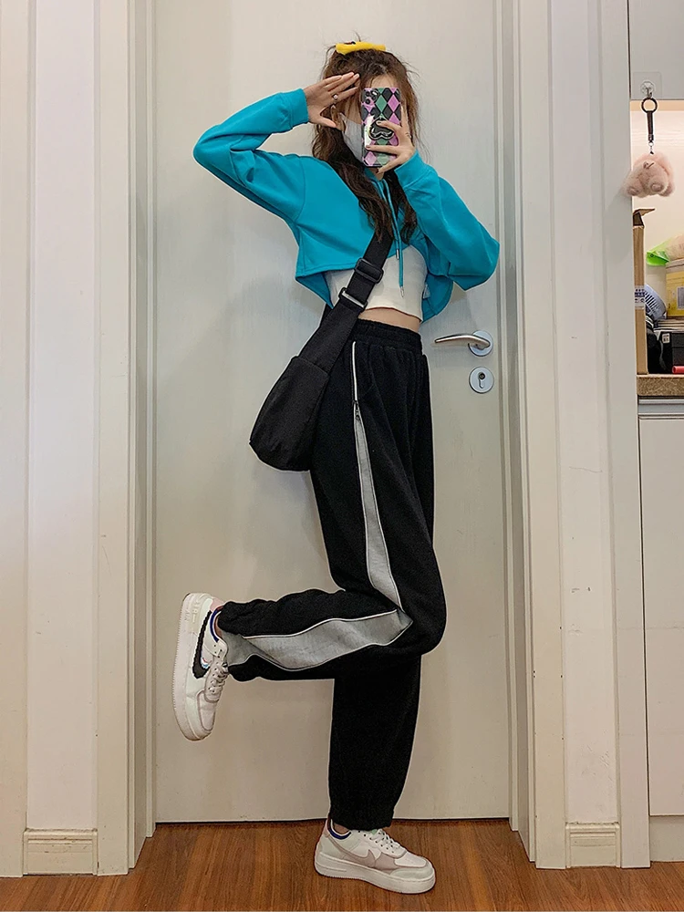 HOUZHOU Women Sweatpants Baggy Gray Joggers Korean Style Casual Streetwear  Wide Leg Zipper Sports Trousers Female Winter Pants