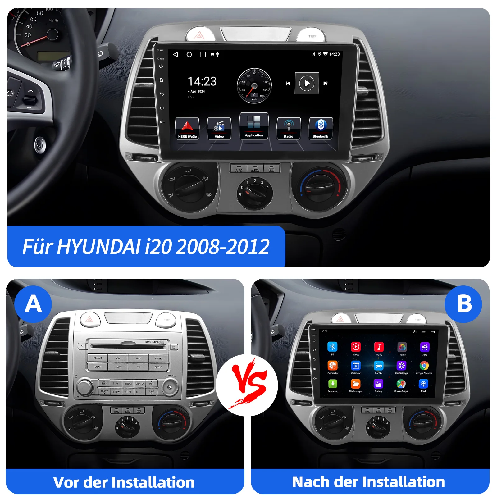 ESSGOO IPS Touchscreen Display Wireless CarPlay Android Auto Android 14 9" Für Hyundai i20 PB 2008-2011 Autoradio GPS Navigation USB FM Wifi Bluetooth Lenkradsteuerung Mirror Link RDS 2+32G/2+64G/4+64G – Detail 3