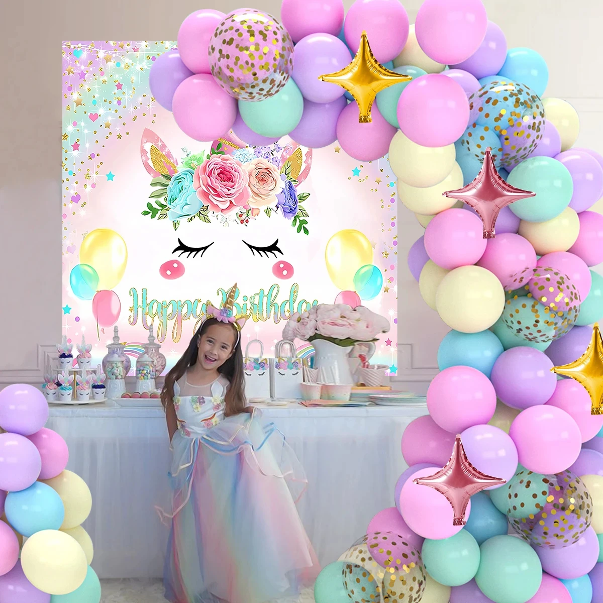 Description Picture 4 of itemUnicorn Balloons Garland Arch Kit Happy Birthday Party Decoration Kids Girl Unicorn Birthday Wedding Party Supplies Baby Shower