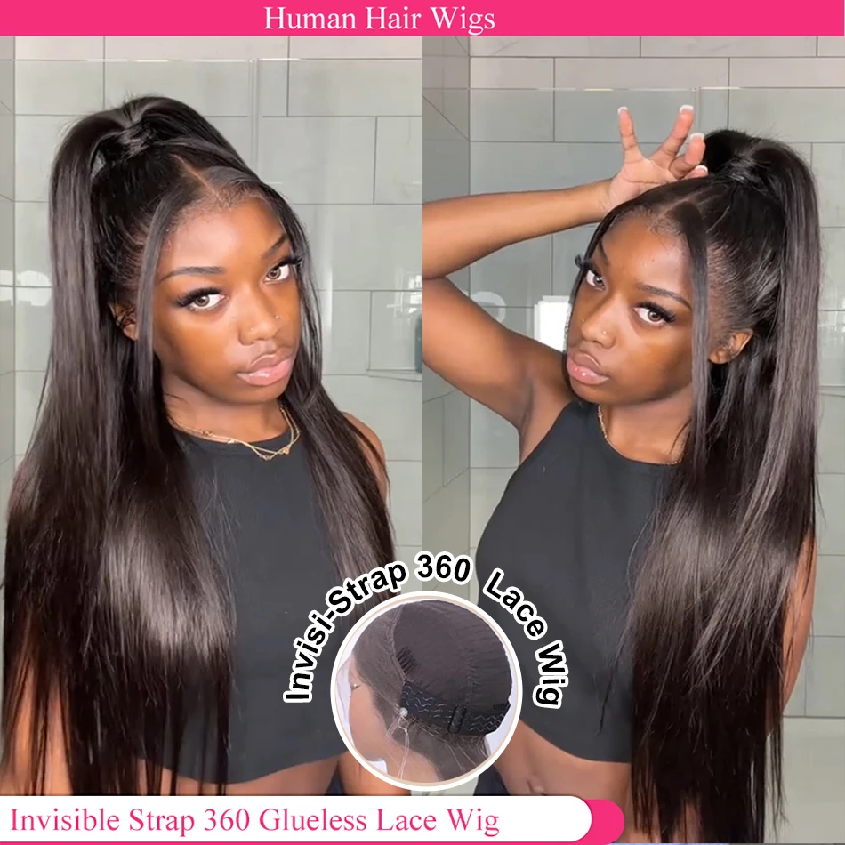 250 Density Invisi Strap 360 Full Lace Glueless Wig Invisible Drawstring Pre Cut 30 Inch Straight Lace Front Wig Human Hair