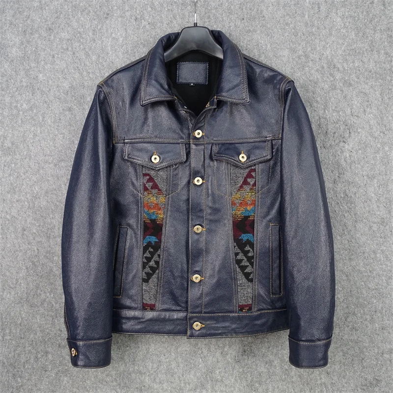 Men Classic Casual Short Leather Jacket Super slim blue genuine cowhide,fashion,men leather jacket