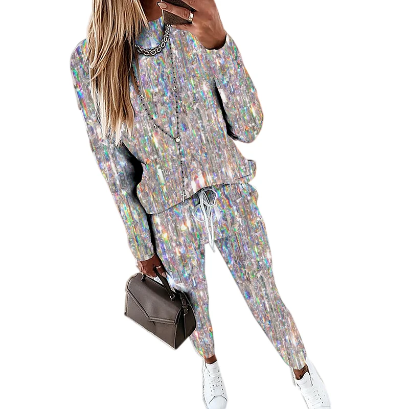 S-XXXL kobiety dresy zestawy 2 sztuk nowy Casual gwiazdy nadruk bluzy spodnie ze sznurkiem panie ubrania sportowe srebrny szary różowy