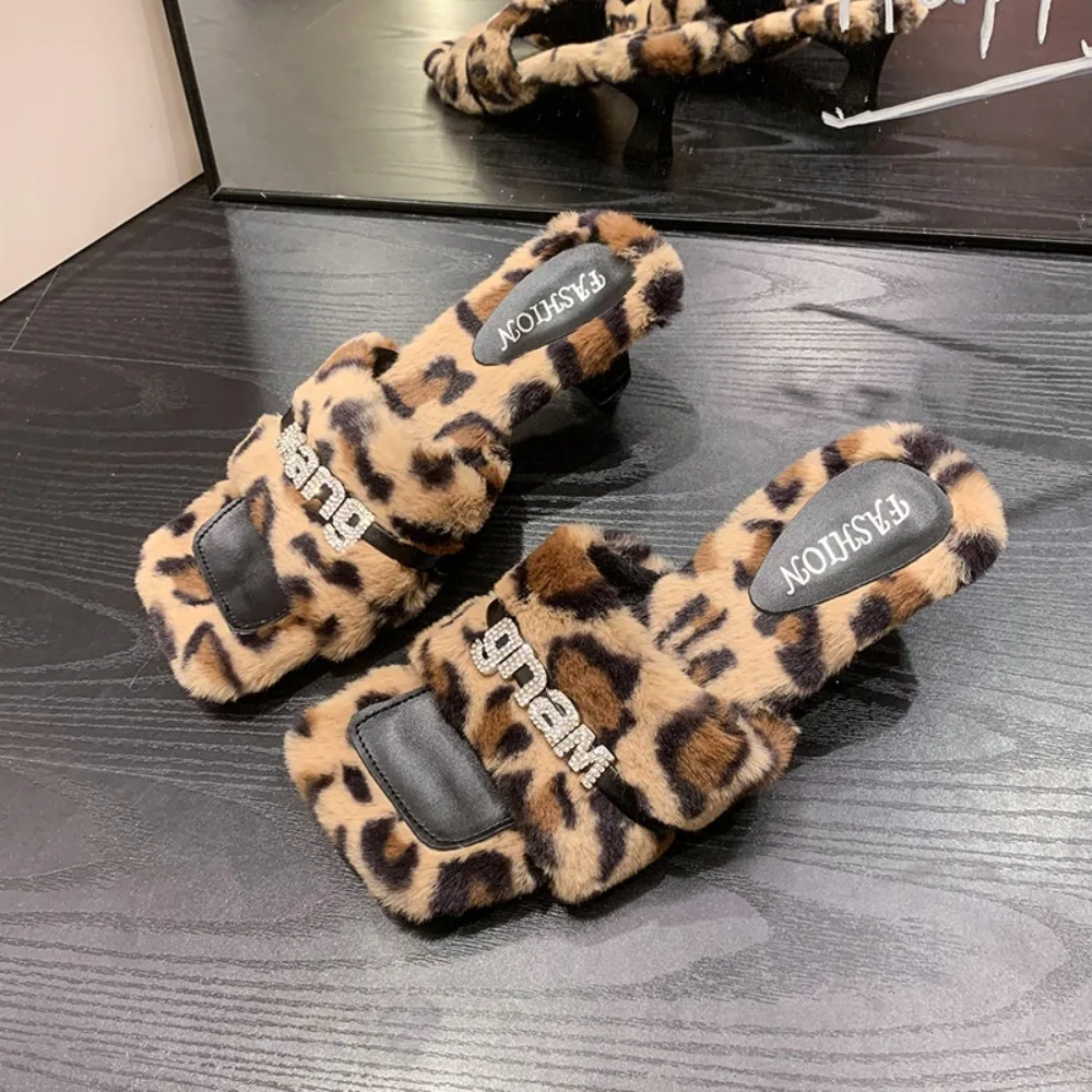 

Womens Leopard Mixed Colors Fur Backless Slipper Mules Slide Princetown Shoes Peep Toe Rhinestones Warm Winter Kitten Heel