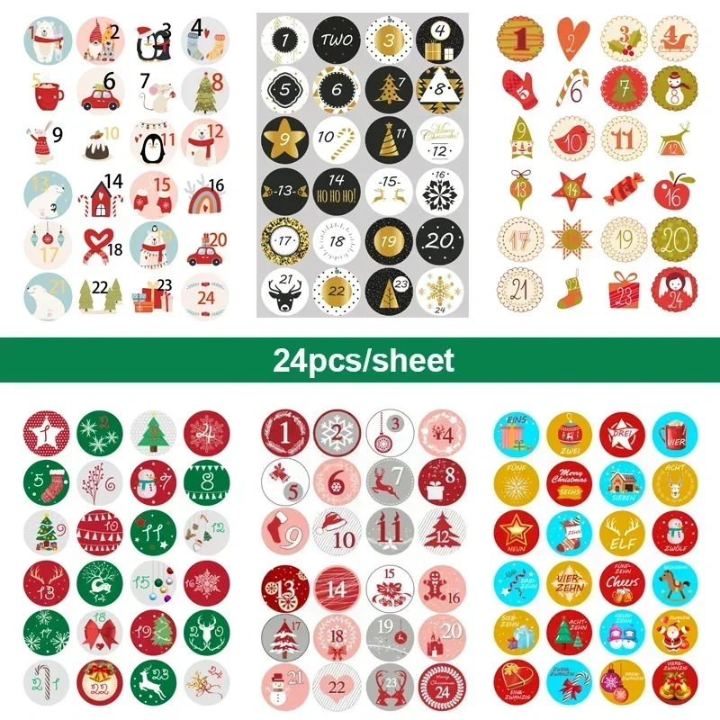 Christmas paper stickers 24pcs/sheet Cookie Candy Seal Stickers DIY Gift Packaging Labels Xmas Decor Merry Christmas Advent Calendar Number Paper Sticker