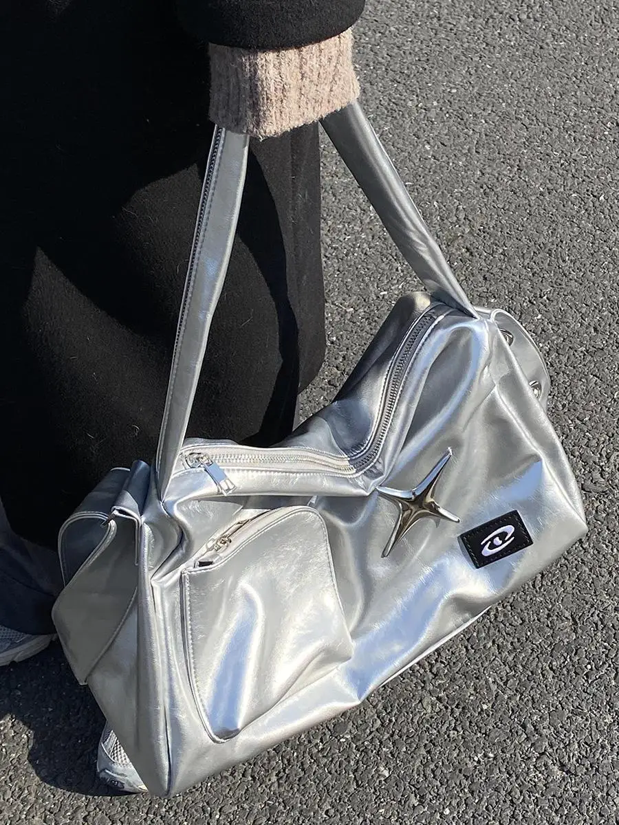 Crossbody Tote Bags For Girl High Capacity Silver Y2k Luxury Design Shoulder Bags For Wmome Communter PU Leather Shopper Handbag