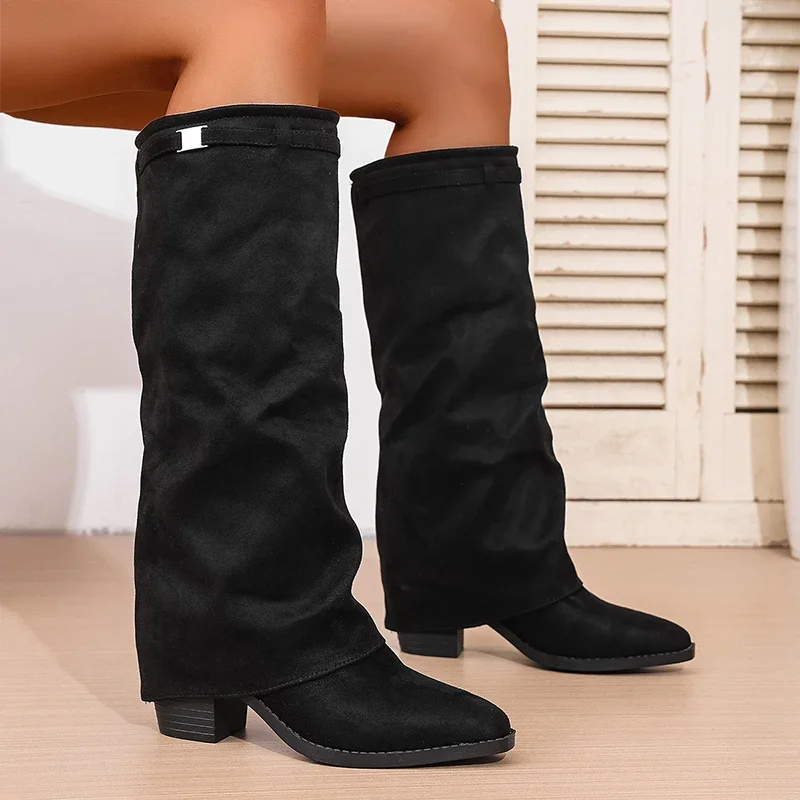 Fashion Slip on High Heeled Knee High Boots Women Autumn Winter High Tube Rider Boots Woman Pointed Toe Thick Heel Long Botas