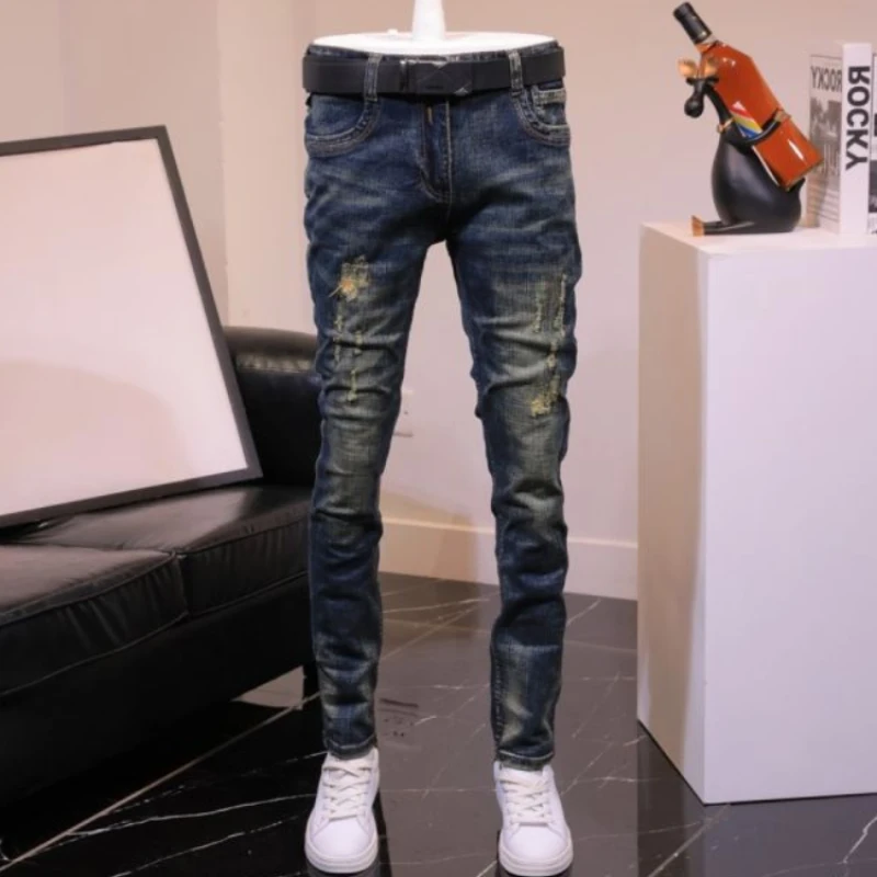 Ripped Jeans Trousers Torn Stretch Holes Male Cowboy Slim Fit Tight Pipe Broken Elastic Skinny Summer Denim