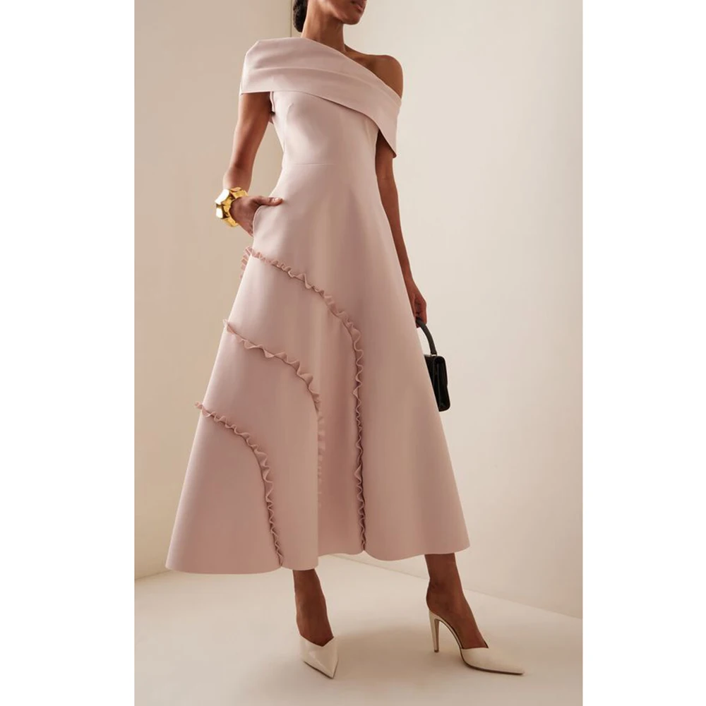 

Luxury Pink Evening Dress Ankle-Length Off the Shoulder A-Line Satin Special Occasion Prom Party Gown Princess فساتين السهرة