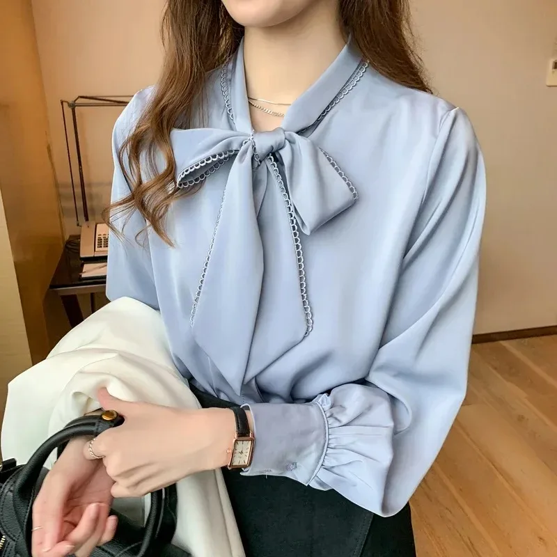 Women's Long Sleeve Chiffon Blouse with Bow Shirt Loose Tops Office Lady Elegant Clothes Fashion Spring Autumn 10691