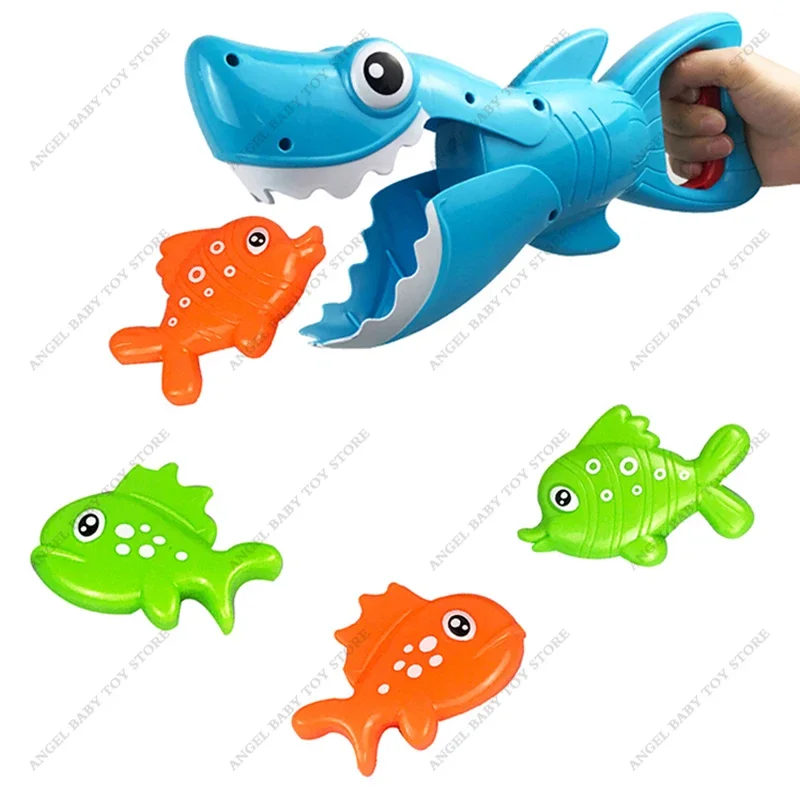 

0-3Y Funny Shark Grabber Bath Toys for Boys Girls Catch Game with 4 Fishes Bathtub Interactive Bathing Puzzle Fishing Water Toy