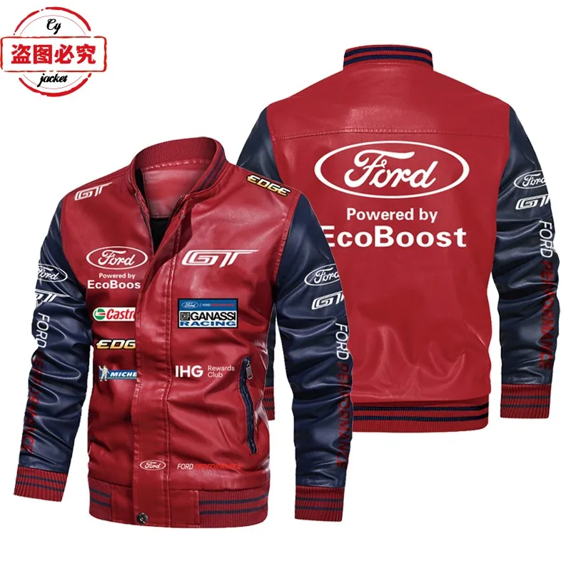Ford LOGO racing suit color block pu leather jacket men's WRS rally Ford team bomber jacket 4
