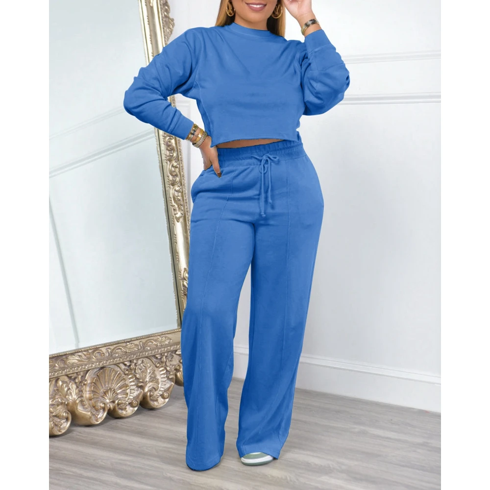 Spring Femme O Neck Long Sleeve Top & Wide Leg Pants Suit Causal Sporty 2 Set Outfit for Women Winter 2024 Workout Women Clothes