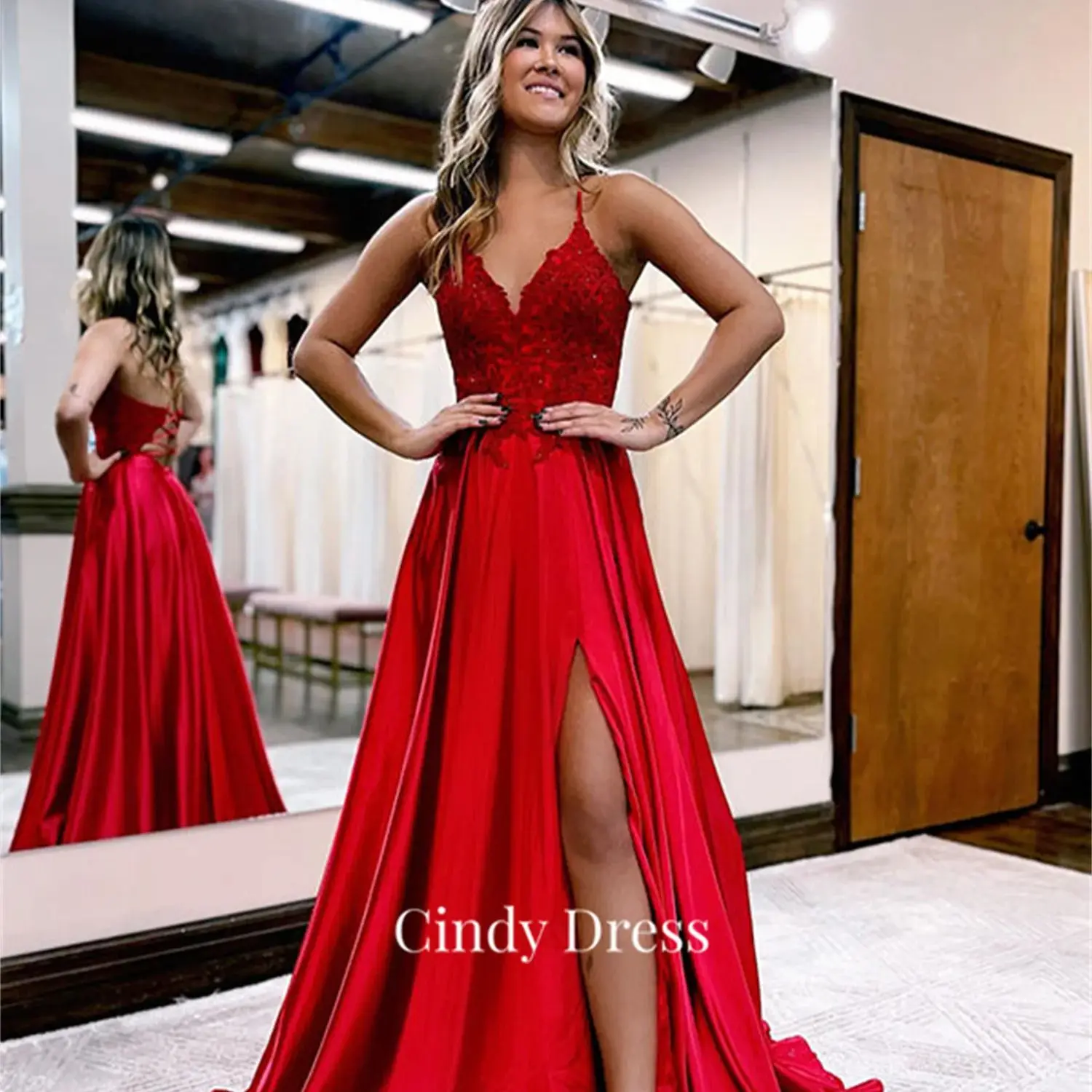 

Cindy Applique A-line Satin Lace Red Long Dresses for Special Events Women's Evening Dress Formal Occasion Elegant Party Luxury