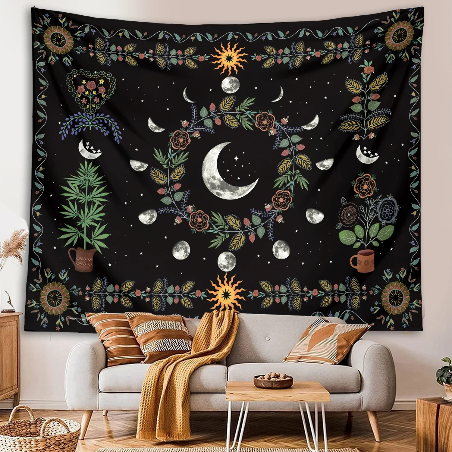 Moon phase Floral Tapestry Wall Hanging for Home Decor