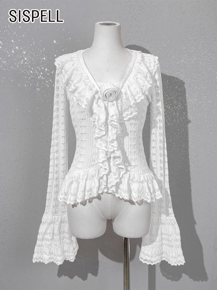 

SISPELL Holloe Out Solid Knitting Blouses For Women V Neck Long Sleeve Patchwork Appliques Sheer Ruffles Shirt Female 2023 Style