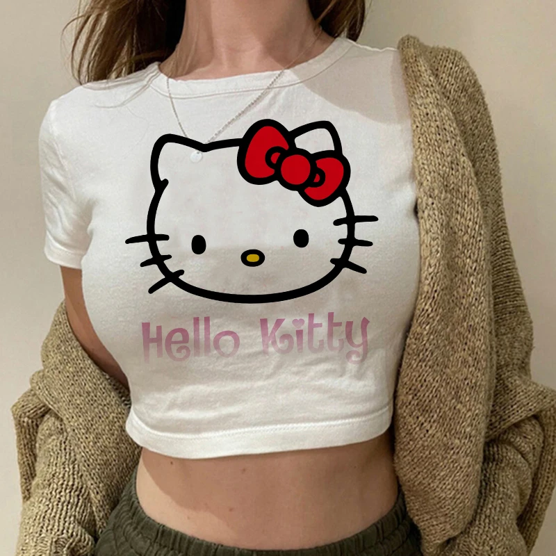 Tshirt Crop Top Hello Kitty T-shirt Kawaii T Shirt Sanrio Anime Cartoon Children Casual Clothes Y2k Cropped Tee Shirt Top