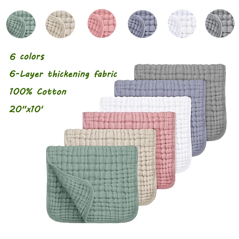 6-color Mix Baby Bath Drool Towel Washcloths Cotton Muslin Burp Cloths 20''x10'' Baby Extra Soft Absorbent Gauze Washcloth