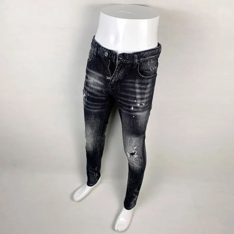 Fashion Streetwear Men Jeans Retro Black Gray Stretch Slim Fit Painted Ripped Jeans Men Vintage Designer Hip Hop Brand Pants