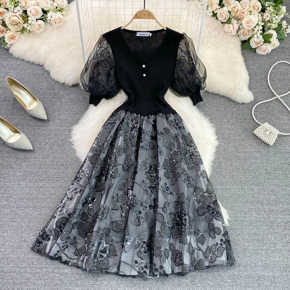 

Summer New High-end Temperament Elegant Temperament Round Neck Waist Mesh Knitted Stitching A-line Dress