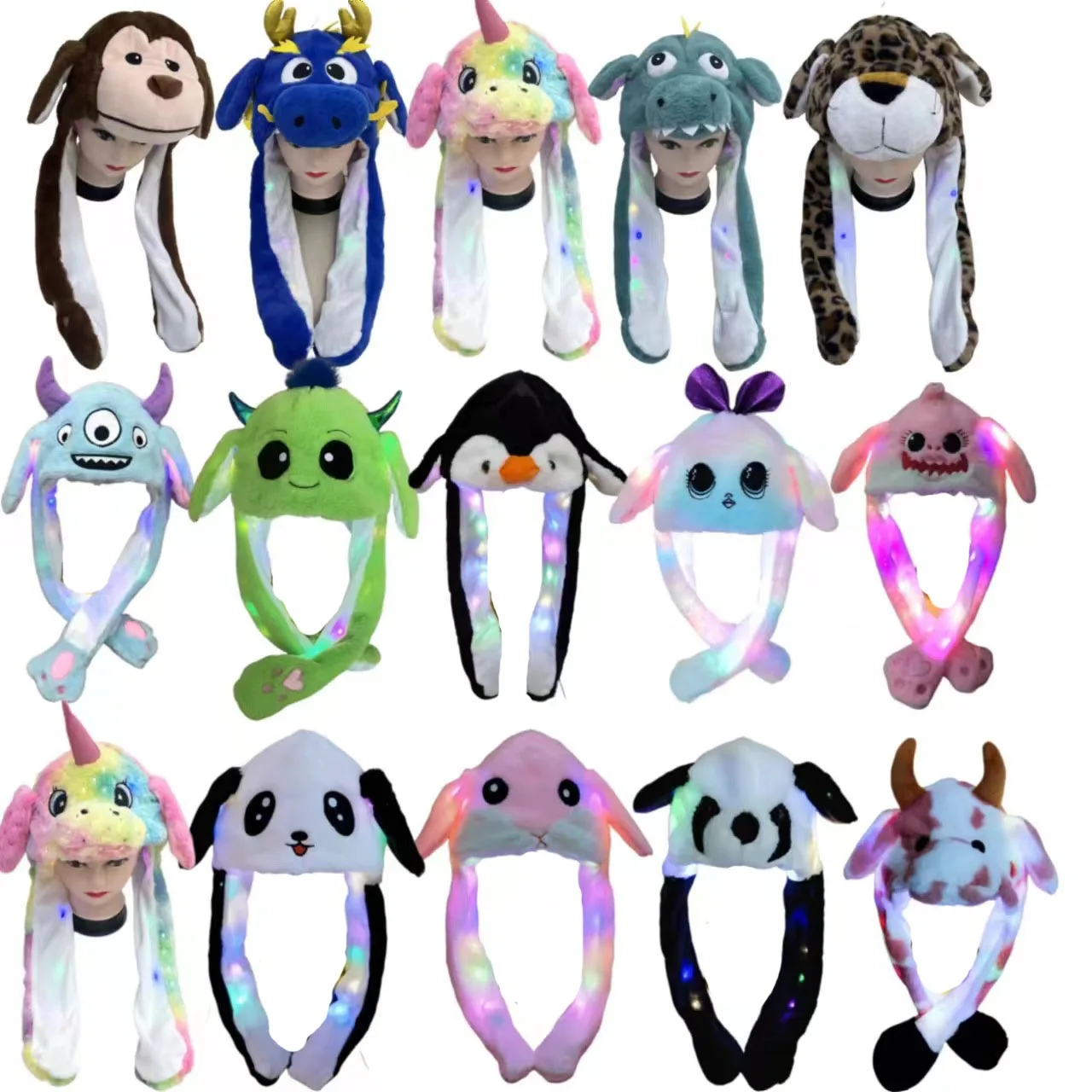 Plush Hat Toys LED Light Bunny Ear Moving Hat Cute Animal Hat with Luminous Jumping up Plush Moving Ears Cap for Kids Funny Cosplay Party