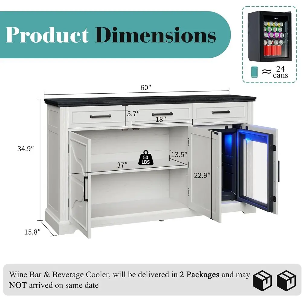 White 60 Beverage Cabinet with Wine Storage, Mini Bar Cabinet for Dining and Living Rooms