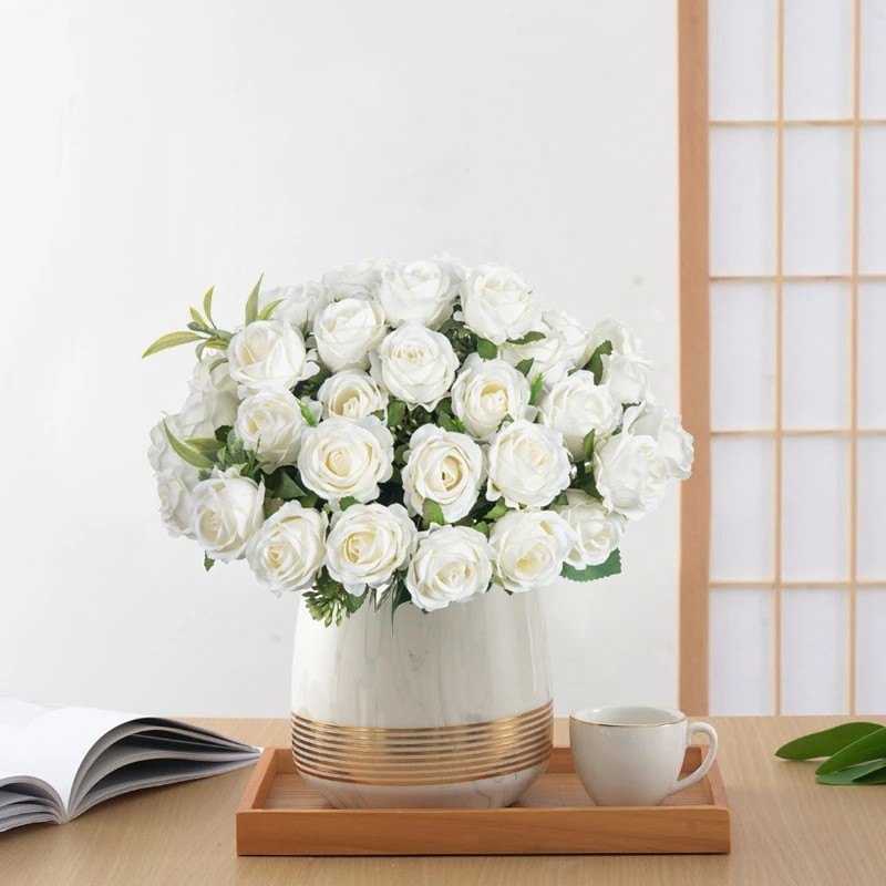 Künstliche Blume mit zehn Köpfen, Seide, weiße Rose, Bündel, Sammelalbum, Festival, Hochzeit, Outdoor, Garten, günstiger Blumenstrauß, Dekorationszubehör – Detail 5